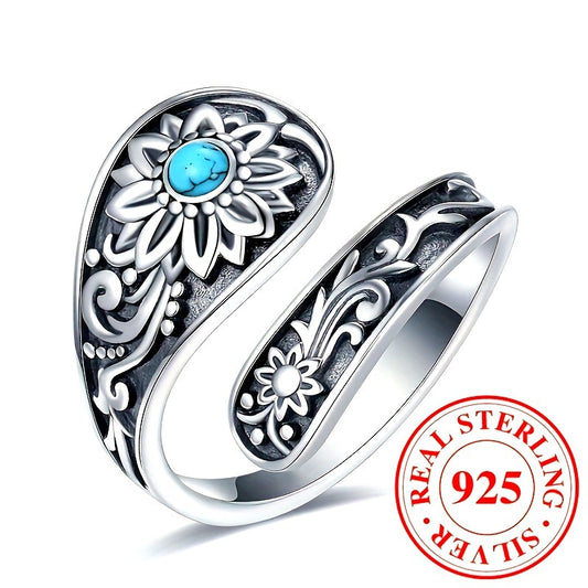 925 Silver Spoon Ring - Exquisitely Carved With Sunflowers, Embellished With Inlaid Turquoise. It Is An Eternal Wedding Jewelry, A Highlight Of Daily Outfits. With Superior Quality.