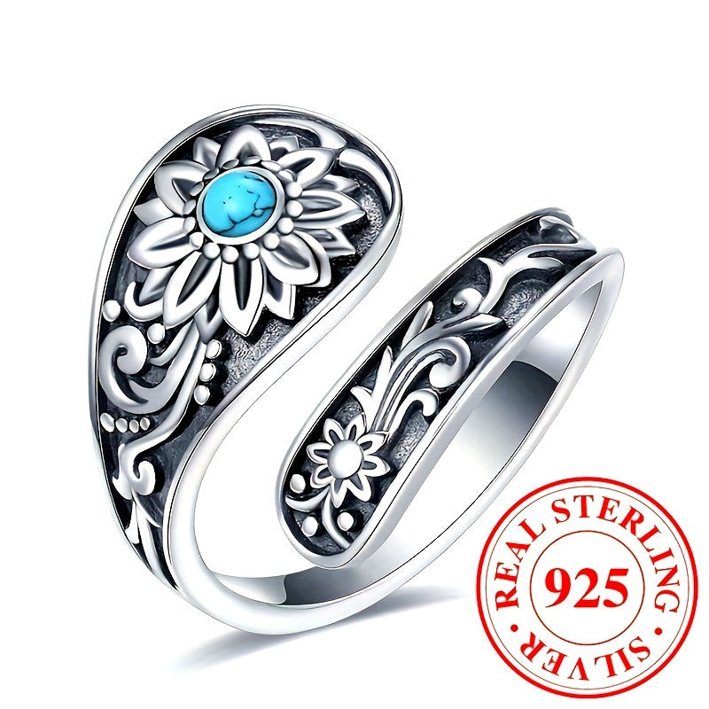 925 Silver Spoon Ring - Exquisitely Carved With Sunflowers, Embellished With Inlaid Turquoise. It Is An Eternal Wedding Jewelry, A Highlight Of Daily Outfits. With Superior Quality.