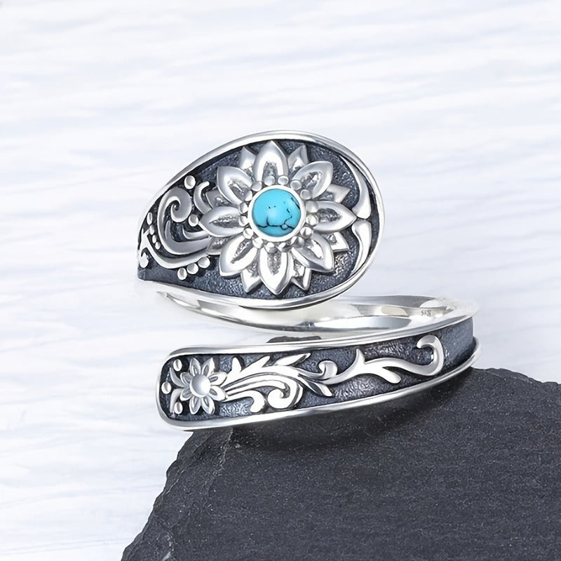 925 Silver Spoon Ring - Exquisitely Carved With Sunflowers, Embellished With Inlaid Turquoise. It Is An Eternal Wedding Jewelry, A Highlight Of Daily Outfits. With Superior Quality.