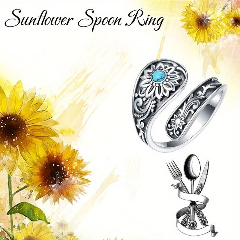 925 Silver Spoon Ring - Exquisitely Carved With Sunflowers, Embellished With Inlaid Turquoise. It Is An Eternal Wedding Jewelry, A Highlight Of Daily Outfits. With Superior Quality.